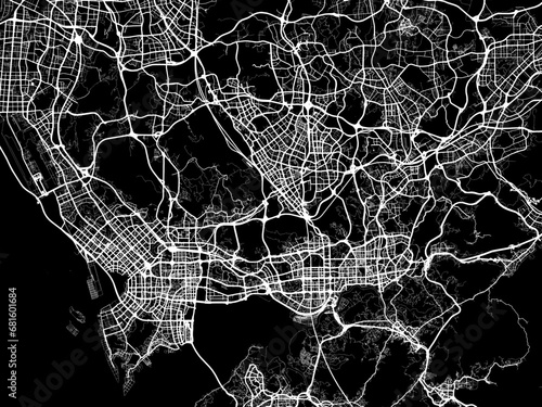 Vector road map of the city of Shenzhen in People's Republic of China (PRC) with white roads on a black background.