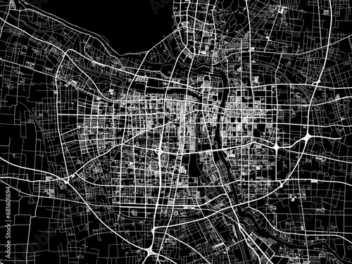 Vector road map of the city of Suqian in People's Republic of China (PRC) with white roads on a black background.