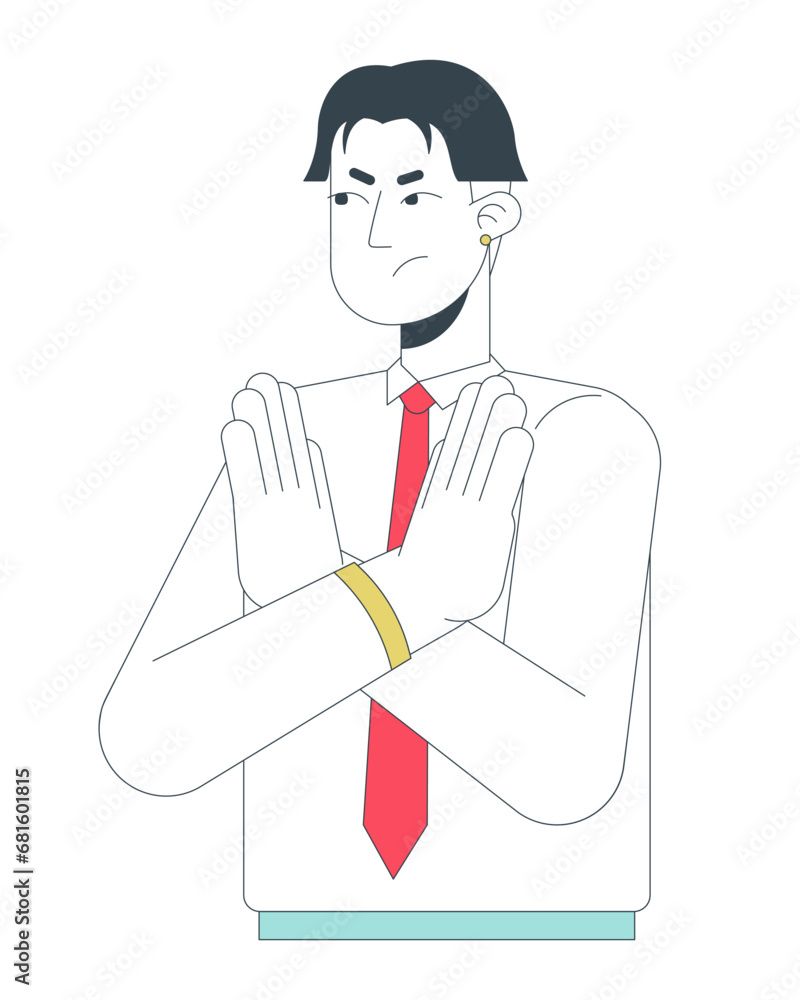 Annoyed younger worker turning down extra work 2D linear cartoon character. Asian young adult employee crossed arms no isolated line vector person white background. Reject color flat spot illustration Annoyed younger worker turning down extra work 2D linear cartoon character. Asian young adult employee crossed arms no isolated line vector person white background. Reject color flat spot illustration