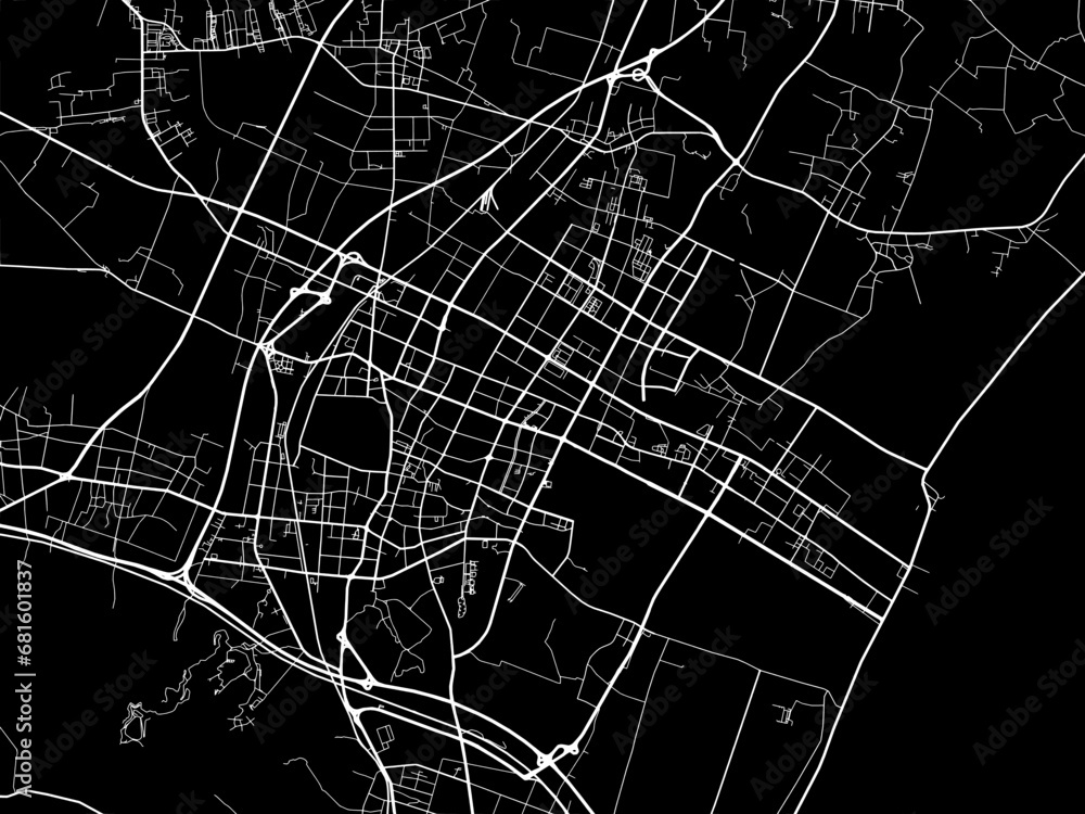 Vector road map of the city of Yixing in People's Republic of China (PRC) with white roads on a black background.