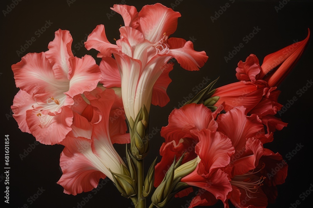  a close up of a bouquet of flowers on a black background with red and white flowers in the middle of the image and a black background with a black background.