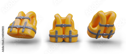 Cartoon safety jacket in different positions. Life vest for emergency situation in yellow colors with black elements. Safe swimming concept. Vector illustration in 3d style