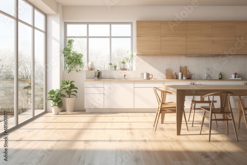 Interior of kitchen in rustic style with vintage kitchen ware and window. White furniture and wooden decor in bright indoor. Country style.