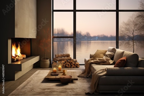 the large windows frame a sofa and wood burning fire place Generative AI