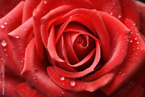  a close up view of a red rose with drops of water on it s petals and the petals are almost as large as the head of a single rose.