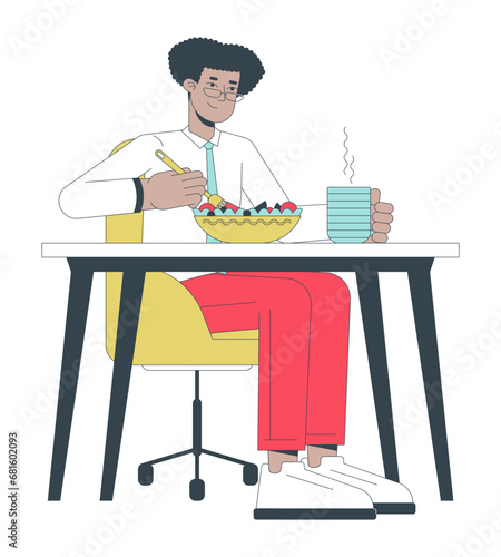 Latino man employee eating healthy food 2D linear cartoon character. Male latin american office worker isolated line vector person white background. Company lunchtime color flat spot illustration