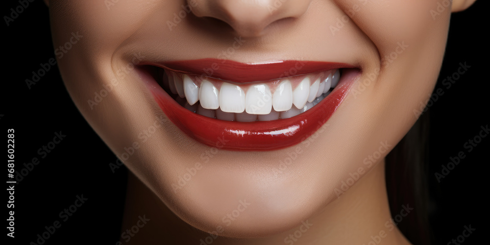 Banner with close-up of a beautiful smiling woman with white perfect teeth isolated on dark black. Banner with close-up of a beautiful smiling woman with white perfect teeth isolated on dark black.