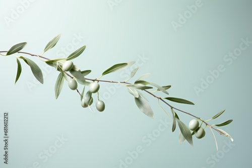  a branch of an olive tree with green leaves and olives on a light blue background with copy - space in the middle of the frame, with copy space for text.
