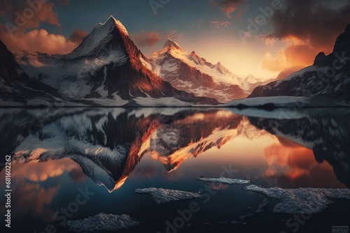 Mountain lake and mountains at sunset. AI generated