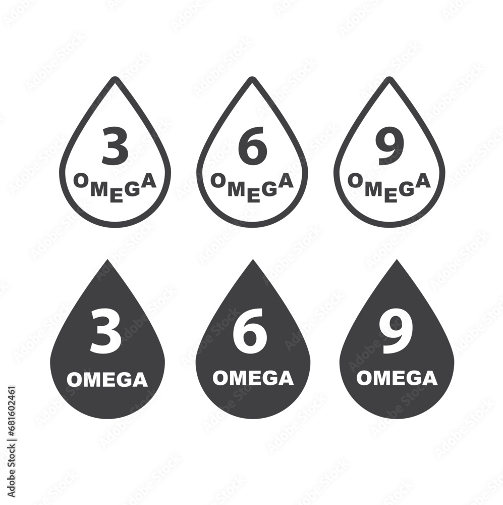 Omega 3, 6, 9 fatty acids.Three drops of polyunsaturated fatty acids. Vector illustration.