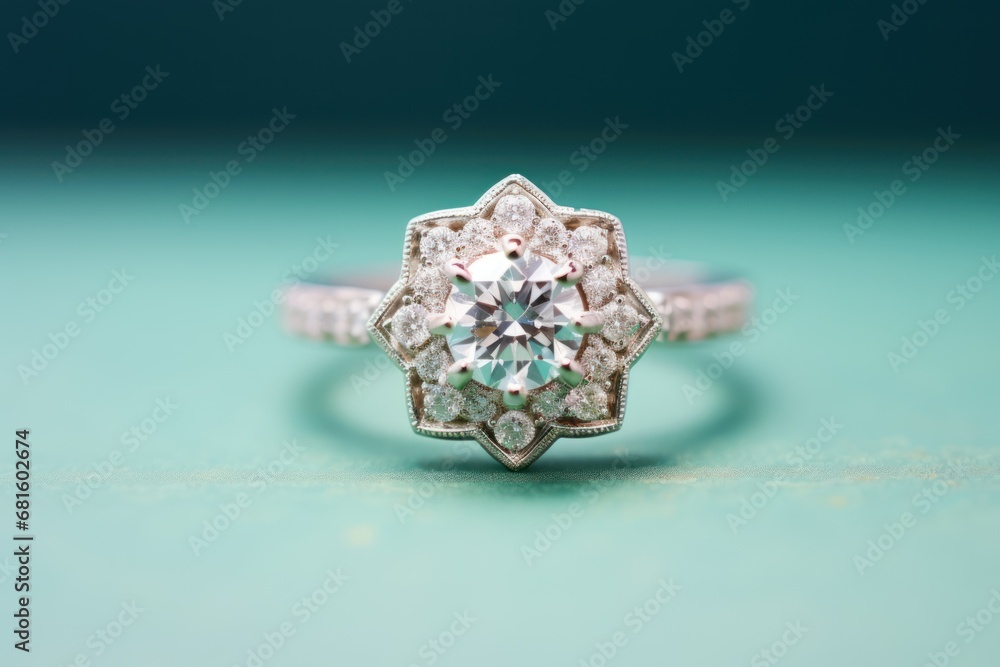 a close up of a ring with a flower design on the center of the band and a diamond in the middle of the band, on a light blue background. a close up of a ring with a flower design on the center of the band and a diamond in the middle of the band, on a light blue background.