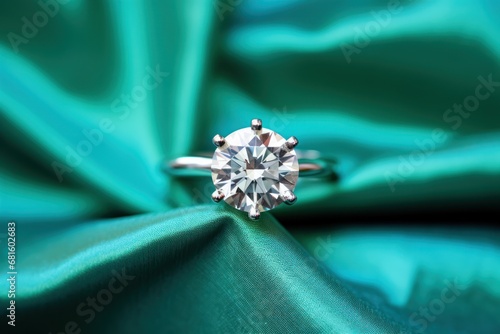  a close up of a ring with a diamond on a green satin material with a large diamond in the center of the ring and a smaller diamond in the middle of the middle of the ring.