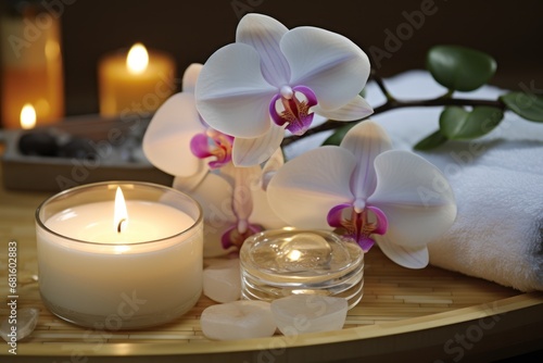 a candle sitting on top of a wooden table next to a vase filled with flowers and a candle on top of a table next to a towel and a candle.