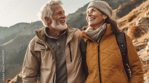 Elderly pairs finding joy in a mountain hiking adventure.