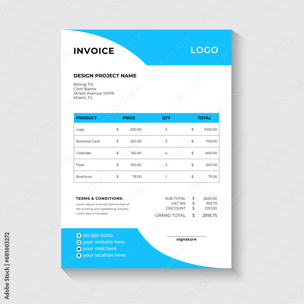 Invoice minimal design template. Bill form business invoice accounting