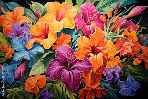  a painting of a bunch of flowers painted on a black background with orange, pink, and purple flowers in the center of the painting is a green leafy arrangement.