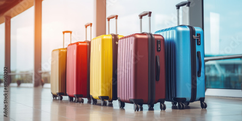 This wide banner showcases a lineup of luggage suitcases in an airport setting, offering a generous area for illustrating vacation and holiday travel ideas. © Bela