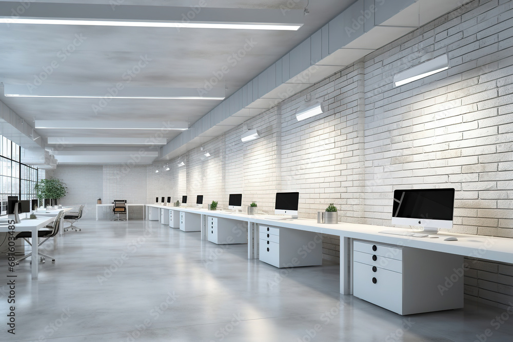 Obraz premium White brick open space office interior with a concrete floor, a blank wall fragment and a