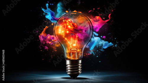 A creative light bulb exploding with colorful paint and splashes on a black background. Concept for thinking differently and creative ideas.