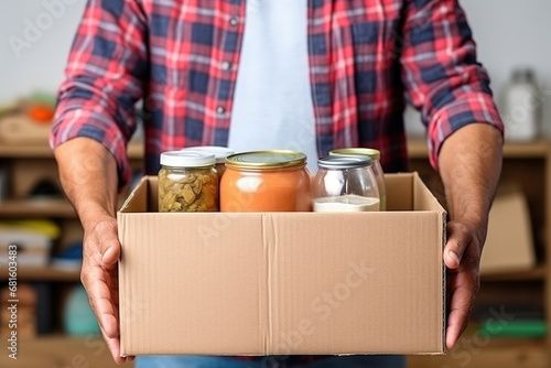 Volunteer holding food in a donation cardboard box, isolated in a white background. Delivery of products photo