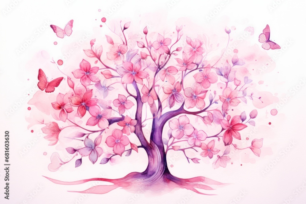 a watercolor painting of a tree with pink flowers and butterflies on a light pink background with a pink ribbon in the foreground and a pink butterfly in the middle. a watercolor painting of a tree with pink flowers and butterflies on a light pink background with a pink ribbon in the foreground and a pink butterfly in the middle.