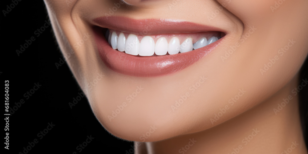 Obraz premium Banner with close-up of a beautiful smiling woman with white perfect teeth isolated on dark black.