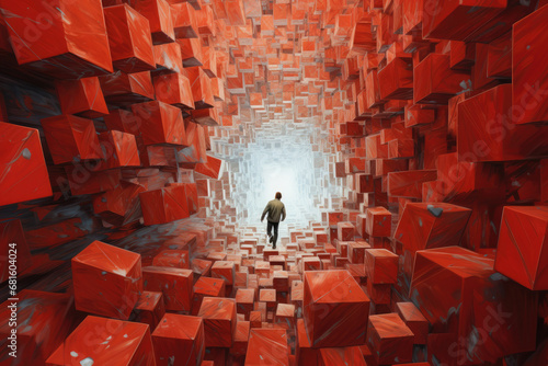 Fototapeta Naklejka Na Ścianę i Meble -  surreal and futuristic view of a man walking through a tunnel made of red cubes towards a white light