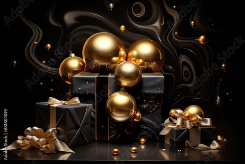 Elegant Christmas gifts and golden baubles amidst swirling dark patterns creating a luxurious holiday atmosphere