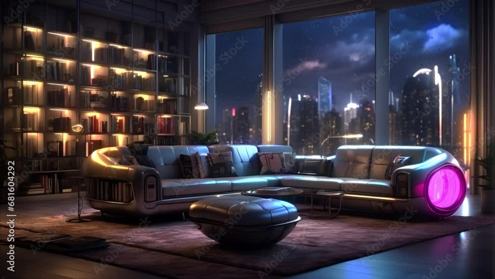 animated virtual backgrounds, stream overlay loop, interior, cyberpunk futuristic living room at night, vtuber asset twitch zoom OBS screen, chill anime lo-fi hip hop animated virtual backgrounds, stream overlay loop, interior, cyberpunk futuristic living room at night, vtuber asset twitch zoom OBS screen, chill anime lo-fi hip hop