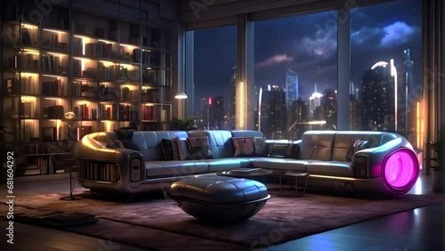 animated virtual backgrounds, stream overlay loop, interior, cyberpunk futuristic living room at night, vtuber asset twitch zoom OBS screen, chill anime lo-fi hip hop	