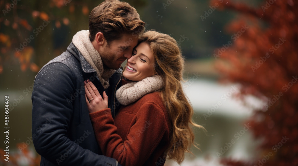 couple hugging at outside in the winter autumn couple hugging at outside in the winter autumn