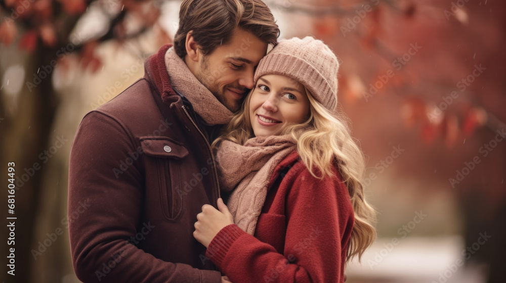 couple hugging at outside in the winter autumn