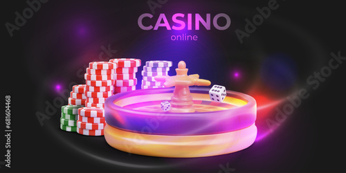 Neon casino concept with roulette, dice, chips. Effect of movement, rotation. Horizontal template on black background. Layout for flyer, header, banner
