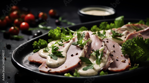 delicious Italian vitello tonnato  modern food photography in rustic style . in detail photo