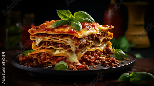delicious Italian lasagna bolognese modern food photography in rustic style . in detail