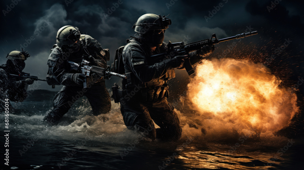 Seal team fighting in the night shoot on the rooftop Seal team fighting in the night shoot on the rooftop