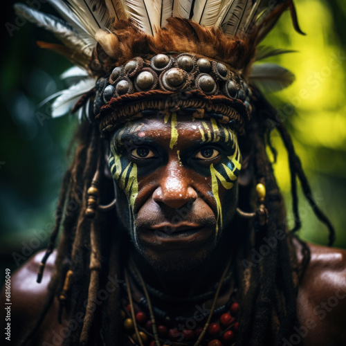 portrait of a voodoo shaman, deep in the humid jungle, piercing eyes