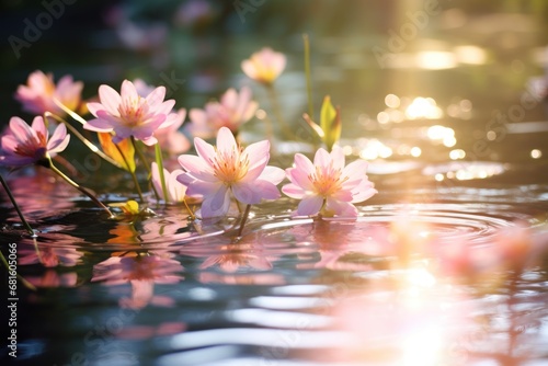  a group of water lilies floating on top of a body of water with the sun shining on the water and the water surface reflecting off of the water's surface.