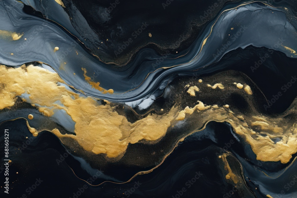 a close up of a black and gold wallpaper with a black and gold swirl
