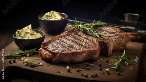 t-bone steak medium rare, garlic butter on top