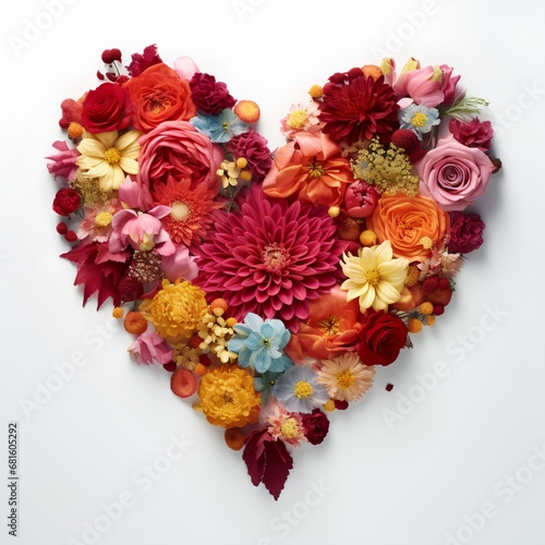 A creative heart made of flowers on a white background for Valentine's Day