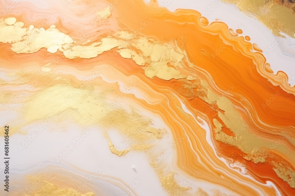 a close up of an orange, yellow, and white fluid painted with acrylic paint on a white surface with a brown and yellow stripe in the middle. a close up of an orange, yellow, and white fluid painted with acrylic paint on a white surface with a brown and yellow stripe in the middle.