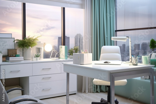 Modern doctor office with laptop  table lamp  stationery and decor on white table over blurred background. doctor s office  examination room.
