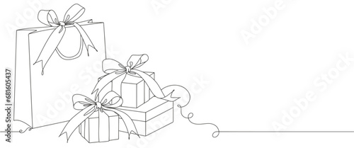 Out line drawing of gift box. Wrapped surprise package for christmas or birthday party .Party and celebration. Gift box line art outline vector illustration