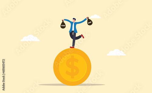 Balanced investment strategy. Portfolio Asset Classification. Balancing risk and reward. Balancing stock and bond. Businessman investor balancing as acrobat on giant dollar coin.