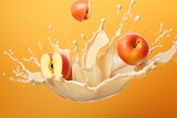  a splash of milk and two apples in the air with milk splashing out of the top of the apples and the bottom of the apples to the bottom of the image.