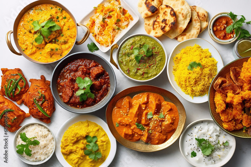 Indian ethnic food buffet on white concrete table from above: curry, samosa, rice biryani, dal, paneer, chapatti, naan, chicken tikka masala, mango lassi, dishes of India for dinner background
