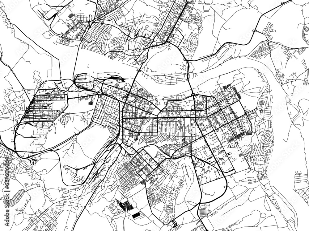 Vector road map of the city of Kemerovo in the Russian Federation with black roads on a white background.