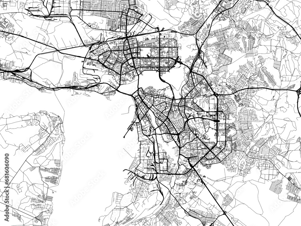 Vector road map of the city of Kazan in the Russian Federation with black roads on a white background.