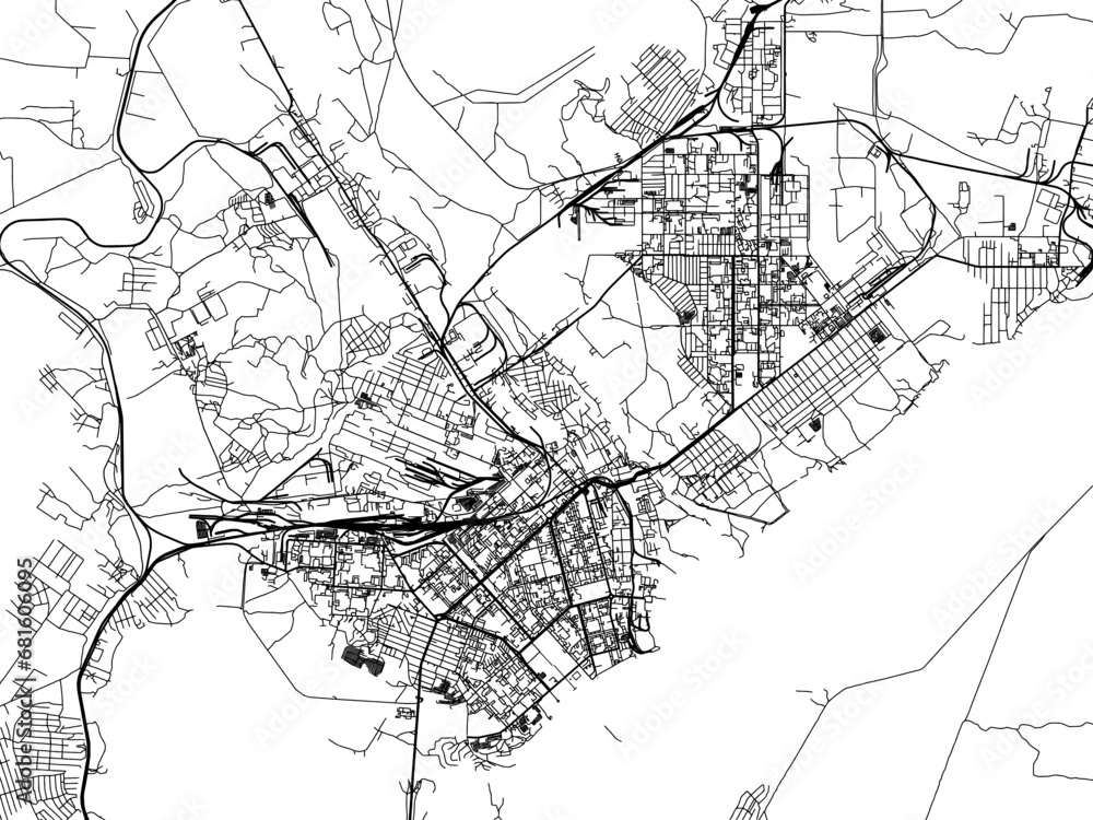 Vector road map of the city of Komsomolsk-on-Amur in the Russian Federation with black roads on a white background.